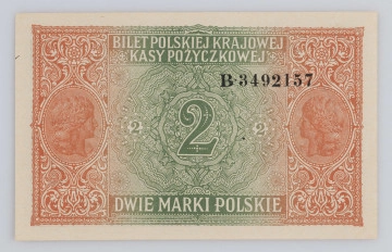 N/Bn/1655/ML - Aw. Z lewej w czerwonym bogato zdobionym kartuszu Orzeł polski. Z prawej u góry: DWIE MARKI POLSKIE. Niżej 4-wierszowy tekst: 
Rzesza Niemiecka przyjmuje odpo- / wiedzialność za spłatę biletów Polskiej / Krajowej Kasy Pożyczkowej w Markach / Niemieckich po cenie nominalnej.
Niżej:
Zarząd Generał-Gubernatorstwa / Warszawskiego / Warszawa, dn. 9-go grudnia 1916 r. Faksymilowane podpisy: von Kries, Überschaer, von Conrad 
Niżej graficzne przedstawienie pieczęci Zarządu Generał-Gubernatorstwa Warszawskiego na wstędze z oznaczeniem nominału  - w kolorze czerwonym - rozdziela datę 19 – 17. Po bokach 2 – 2. U dołu sankcja 3-wierszowa sankcja karna.

Rw. Z lewej i prawej medaliony z żeńskimi głowami. Napis, u góry:
BILET POLSKIEJ KRAJOWEJ / KASY POŻYCZKOWEJ
u dołu:
DWIE MARKI POLSKIEJ
Pośrodku oznaczenie nominału: 2
Seria i numer: B.3492157