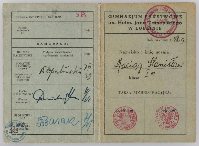 ML/MART/289 - Legitymacja składek Koła Rodziców przy Gimnazjum Państwowym im. hetm. Jana Zamoyskiego w Lublinie na rok szkolny 1938/39 wystawiona na nazwisko Maciąg Stanisław, uczeń klasy I M, na leigtymacji pieczątki opłaconych składek oraz oznaczenia rozliczenia się z biblioteką szkolną 