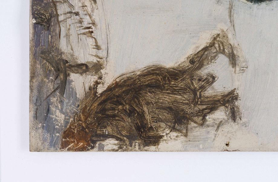 Scena rodzajowa związana z obrzędami Hucułów. Fragment jednej z licznych wersji Święta Jordanu. W zimowym pejzażu - na tle pola przykrytego śniegiem i zamarkowanego pejzażu- górą. Kroczące postaci kilkunastoleniej dziewczyny i starca - ukazane w zwrocie 3/4 lewą stroną do widza. Z lewej- dziewczyna w brązowym, ciemnym korzuchu i w zielonej chusteczce zawiązanej z tyłu głowy, trzymająca w prawej, wyciągniętej nieco do przodu ręce- zapalona dużą świecę. Za nią po prawej - idzie starzec w ugrowym korzuchu z czarnym, futrzanym kołnierzem, trzyma w lewej ręce kapelusz. Włosy - w nieładzie, wąsy i zamarkowany zarost twarzy. W lewym g.r. - zamarkowana postać. 
