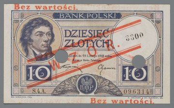 N/Bn/1620/ML - Aw. W prostej podwójnej ramce, od góry na osi: BANK POLSKI / DZIESIĘĆ / ZŁOTYCH / [WAR]SZAWA dn. 28 Lutego 1919 roku. / Dyrekcja Banku Polskiego. Podpisy: Stanisław Karpiński – Zygmunt Chamiec. Po bokach tonda; z lewej z wizerunkiem Tadeusza Kościuszki; z prawej znak wodny - wizerunek Tadeusza Kościuszki z profilu, na którym odbity ręcznie kolejny numer wzoru: 3300. Niżej pod tondami w prostokątnych ramkach oznaczenie wartości: 10, na tle ozdobnej litery: Z. U dołu centralnie na fragmencie wieńca z liści dębu tondo z godłem państwa polskiego i literami B – P. Seria i numer: S.4.A. – 096314. U dołu pod ramką od lewej sygnatury autorów: AD. GIRALDON. FEC. – E. DELOCHE & CH. CLEMÉNT. SC.

Rw. W prostej podwójnej ramce dwa tonda; z lewej ze znakiem wodnym - wizerunek Tadeusza Kościuszki z profilu; z prawej z zakomponowaną poziomo klauzulą i sankcją karną, rozdzielonymi podwójną pozioma linią: NA MOCY / UCHWAŁY SEJMOWEJ / BILETY BANKU POLSKIEGO / SĄ PRAWNYM ŚRODKIEM / PŁATNICZYM W POLSCE / ----------- / PODRABIANIE BILETÓW I / WSPÓŁDZIAŁANIE W ICH / ROZPOWSZECHNIANIU / KARANE JEST CIĘŻKIM / WIĘZIENIEM
Centralnie od góry monogram BP. i oznaczenie wartości: 10. Niżej kompozycja z symbolami rolnictwa, handlu i przemysłu. W ramce: DZIESIĘĆ . ZŁOTYCH
W dołu pod ramką od lewej sygnatury autorów: AD. GIRALDON. FEC. – E. GASPÉ. SC
Dwustronne napisy w kolorze czerwonym: u góry z lewej i u dołu z prawej strony: Bez wartości oraz napis: WZÓR (z kropką), zakomponowany skośnie pomiędzy dwiema równoległymi podwójnymi liniami. Banknot perforowany dwiema dziurkami o średnicy 12 mm.
