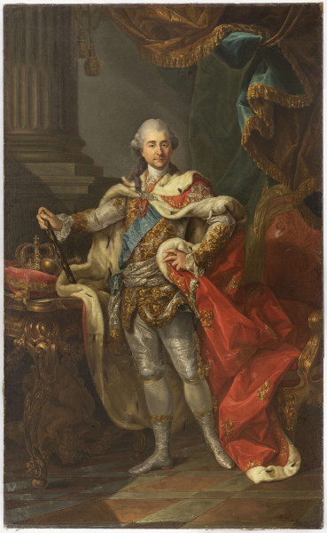 Portret reprezentacyjny stanowi replikę autorską wykonaną przez Bacciarellego. Obraz przedstawia króla w całej postaci, z górną połowa ciała zwróconą nieco w prawo, z głową ukazaną en face. Portretowany stoi w lekkim kontrapoście. Postać jest idealizowana. Obok króla na złoconym rokokowym stole przedstawione są insygnia władzy królewskiej: korona, berło i jabłko królewskie. Władca opiera ręką na regimencie (symbolu władzy wojskowej) lewą zaś na biodrze przytrzymując fałdę płaszcza. Ubrany jest w srebrzysty  habit bogato zdobiony złotą koronką, przewiązany srebrnolitym pasem, przy szyi halsztuk (halsband) a przy rękawach koronkowe mankiety. Spodnie i buty wykonane z tej samej tkaniny - srebrne, podobnie jak pończochy króla. Na ramiona narzucony płaszcz koronacyjny w intensywnej czerwieni, podbity futrem gronostajów, haftowany w złote orły, dynamicznie układający się w obfite fałdy. Na płaszczu, spiętym diamentową zaponą, z lewej strony gwiazda orderu Orła Białego. Na piersi krzyż orderu pruskiego Czarnego Orła oraz przewieszona ukośnie błękitna wstęga orderu Orła Białego, z krzyżem orderowym na prawym biodrze. Przy lewym boku monarchy widoczna rękojeść miecza koronacyjnego w kształcie głowy orła. Obok władcy, z prawej strony obity czerwoną materią tron. W tle kanelowana kolumna na wysokim cokole i bogato udrapowana kotara złocista z jednej, a niebieska z drugiej strony.
Przedstawienie powtarza tradycyjny typ portretu en gala, w rokokowej stylizacji o ciepłym, bogatym i nasyconym kolorze charakterystycznym dla malarstwa baroku.  