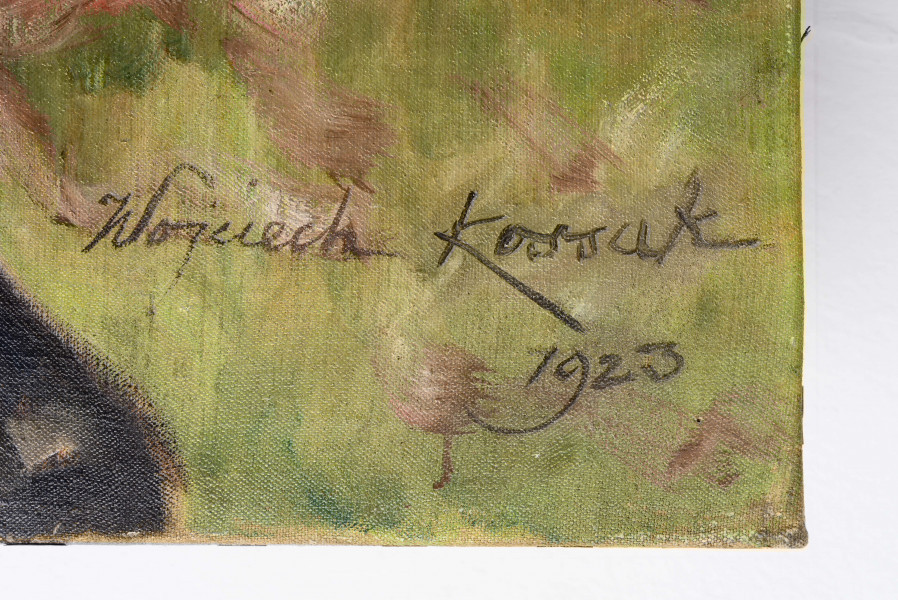 Portret chłopca siedzącego na koniu na tle górskiego pejzażu. Głowa chłopca zwrócona jest w lewo. Włosy prosto przycięcie na wysokości ucha. W prawej ręce, opuszczonej wdłuż ciała, trzyma szpicrutę. W lewej, zgiętej, trzyma lejce. Chłopiec ubrany jest w białą koszulę, krótkie brązowe spodenki, na nogach ma brązowe półbuty i wysokie skarpety. 
Po prawej stronie, na wysokości głowy konia, w tle, widoczne dwie grabiące chłopki. Z lewej strony, na tle drzew, scena układania zboża na wozie przez kobietę i mężczyznę.