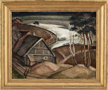 Chata nad rzeką. Na pierwszym planie drewniana chata z dwuspadowym dachem, małym oknem,  otoczona ogrodzeniem z długich żerdzi. Obok dwie wysokie sosny, jedna z nich uschnięta. W tle rzeka (Wilia) z odnogą nieopodal chaty. Na rzece, przy zakolu dwie czerwone łódki. Za rzeką zielone zarośla. Nad brzegiem samotne drzewo. 