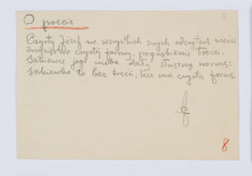 Rękopis Józefa Czechowicza, tekst zapisany czarnym ołówkiem na odwrocie kartonika (wym. 10 x 15 cm), na którym po stronie recto zanajduje się drukowany formularz zaproszenia na 