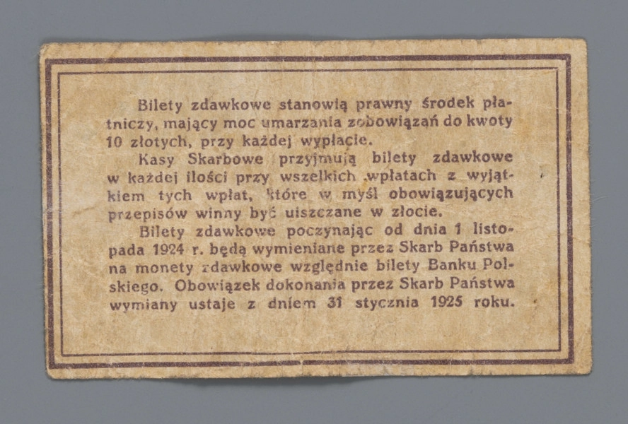 N/Bn/1420/ML - Aw. W ozdobnej ramce centralnie w owalu pomnik Mikołaja Kopernika w Warszawie, nad którym w łuku: BILET ZDAWKOWY
Po bokach wizerunek monety 20-groszowej; z lewej rewersu i prawej awersu.
 U dołu w prostokątnej ramce: 
DWADZIEŚCIA GROSZY / Warszawa, dnia 28 kwietnia 1924 r. / MINISTER SKARBU – Dyrektor Departamentu / Obrotu Państwowego
Podpisy: Władysław Grabski – Feliks Młynarski

Rw. W podwójnej liniowej ramce 13-wierszowy tekst formuły prawnej:
Bilety zdawkowe stanowią prawny środek pła- / tniczy, mający moc umarzania zobowiązań  do kwoty /10 złotych, przy każdej wypłacie. / Kasy Skarbowe przyjmują bilety zdawkowe / w każdej ilości przy wszelkich wpłatach z wyjąt- / kiem tych wpłat, które w myśl obowiązujących przepisów winny być uiszczane w złocie. / Bilety zdawkowe poczynając od dnia 1 listo- / pada 1924 r. będą wymieniane przez Skarb Państwa / na monety zdawkowe względnie bilety Banku Pol- / skiego. Obowiązek dokonania przez Skarb Państwa / wymiany ustaje z dniem / 31 stycznia 1925 roku.