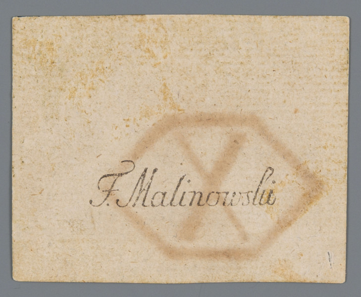 N/Bn/118/ML - Aw. W polu środkowym w owalnej ozdobnej ramce rozdzielone w trzech polach: Orzeł z lewej, Pogoń z prawej strony,  pośrodku rzymska cyfra X, pod nią w owalu jej arabski odpowiednik. Całość ujęta prostokątną pojedynczą ramką, na zewnątrz której napisy; u góry: UCHWAŁA DNIA 15. AUGUSTA 1794.; na dole: DYREKCJA BILETÓW SKARBOWYCH; a po bokach kursywą; z lewej: Dziesięć Groszy;  z prawej: Miedziane. Całość ujęta podwójną prostokątną ramką z elementami sznurowo punktowymi.

Rw. Faksymilowany podpis w układzie pionowym: F. Malinowski