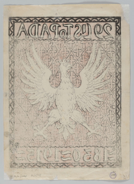 ML/H/559 - Pośrodku biały orzeł z koroną. Tło czerwone z motywem czteroliścia w rombie. Dookoła ramka. W górnej części napis białego koloru: 29 listopada, w dolnej daty: 1830 - 1915. 