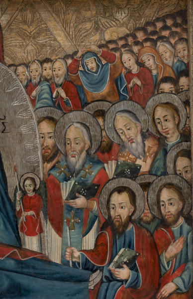 W centrum na łożu okrytym czerwoną tkaniną i przezroczystym materiałem, z głową wspartą na poduszce, leży Maryja. Ma zamknięte oczy, dłonie skrzyżowane na piersiach, ubrana jest w niebieską suknię i czerwony maforion z gwiazdkami na czole i ramionach; jej głowę otacza nimb. Za nią, w owalnej złotej mandorli zdobionej wyciskanym ornamentem przypominającym języki ognia, stoi Chrystus, opisany monogramem. Ponad mandorlą widnieje czerwonoskrzydły serafin. Chrystus spogląda na Maryję i prawą ręką ją błogosławi, a w lewej, poprzez połę płaszcza trzyma duszę Maryi ukazaną w postaci dziewczynki w białej sukience z niebieskim paskiem, z nimbem i ze złożonymi do modlitwy rękoma. Chrystus ubrany jest w czerwoną szatę spodnią i błękitny płaszcz, jego głowę otacza nimb. Towarzyszy mu dwóch aniołów, trzymających wysokie zapalone świece. Obaj ubrani są w białe szaty spodnie i czerwone tuniki, mają niebieskie skrzydła i nimby. 	
	Na pierwszym planie znajdują się postacie św. Michała Archanioła i Żyda Jefoniasza (nawiązujące do przekazów apokryficznych). Św. Michał Archanioł ubrany jest biało-złotą tunikę i pancerz z zębatymi wycięciami u dołu, w niebieskie spodnie i wysokie złotawe buty, w prawej dłoni trzyma miecz, w lewej pochwę miecza. Szczególnie ciekawy jest ubiór Jefoniasza, wyróżniający się realizmem i aktualizacją: Żyd ma na sobie czarną togę i biały talit katan (tradycyjna szata oznaczająca otoczenie Bożym światłem, znak Bożej opieki) z cicis – frędzlami na rogach. Prócz tego ma białe pończochy, czarne buty i charakterystyczny, nietypowy dla ubioru żydowskiego biret.
	Wokół Maryi zebrani są apostołowie, duchowni i tłumy wiernych. Przy jej głowie, ze świecą w prawej dłoni stoi siwowłosy św. Piotr, za nim inny apostoł ze świecą, trzymający lewą dłoń przy twarzy w geście rozpaczy. Po prawej stronie u stóp Maryi stoi apostoł ze świecą i księgą (św. P