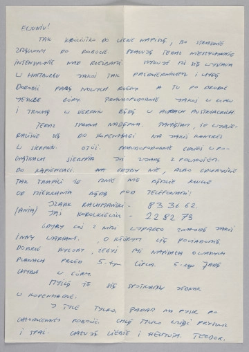 MPOLIN-A29.1.15 strona 1; List z kopertą od Teodora Boka do Ewy Kuryluk. Bok zaplanował na październik wystawę swoich rzeźb w Hamburgu. Wcześniej, prawdopodobnie w lipcu lub sierpniu, chciałby odbyć podróż do Alp Austriackich. Prosi Ewę, by do piątego lipca potwierdziła swój sierpniowy wyjazd do Kopenhagi, ponieważ jeśli nie dostanie na ten temat informacji, nie będzie mógł przekazać przyjaciółce klucza do swojego mieszkania, aby umożliwić jej noclegi. Podaje numery telefonów swoich znajomych, od których Ewa mogłaby odebrać klucz, gdyby spotkanie w Kopenhadze się nie udało.