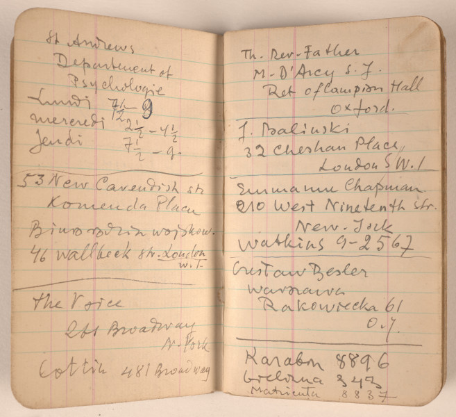 Mały notes w czarnej okładce z 1941 roku. Marek Szwarc używał go w czasie służby w Armii Polskiej w Wielkiej Brytanii. Właściciel zanotował w nim różne informacje. Na wewnętrznej stronie okładki zapisał datę urodzin, informację o przynależności służbowej, numer książeczki wojskowej, adresy żony, członków rodziny, znajomych oraz Ambasady Rzeczypospolitej Polskiej w Londynie. W środku znajdują się notatki zapisane po polsku i francusku, a także wiele rysunków. Na końcu Szwarc zawarł informację, że chce mieć pogrzeb w obrządku katolickim.