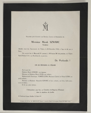 MPOLIN-A12.1.26 Zawiadomienie o mszy i ceremonii pogrzebowej zaplanowanej na 31 grudnia 1958 roku. Pogrzeb odbył się w Paryżu. O uroczystościach powiadamiali: żona Gina Szwarc, córka Teresa z mężem Meyerem Levinem, wnuki Dominique Torrès-Levin i Mikael Levin, bratanek zmarłego Aleksander Szwarc z rodziną oraz znajomi i przyjaciele.