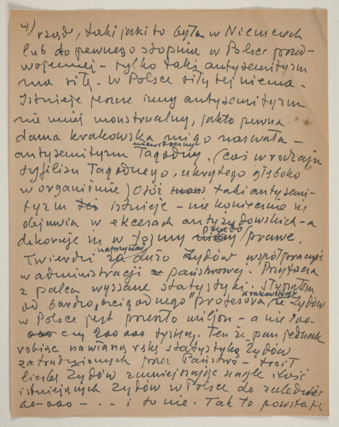 Rękopis reportażu podsumowującego trzytygodniową podróż do Polski, którą Marek Szwarc odbył w 1946 roku. Autor tekstu w czasie wyjazdu rozmawiał z wieloma Żydami ocalonymi z Zagłady oraz z Polakami. Szwarc był dotknięty brakiem Żydów w zniszczonej wojną Polsce. W czasie podróży wydawało mu się, że widzi twarze swoich zmarłych krewnych, znajomych i przyjaciół.