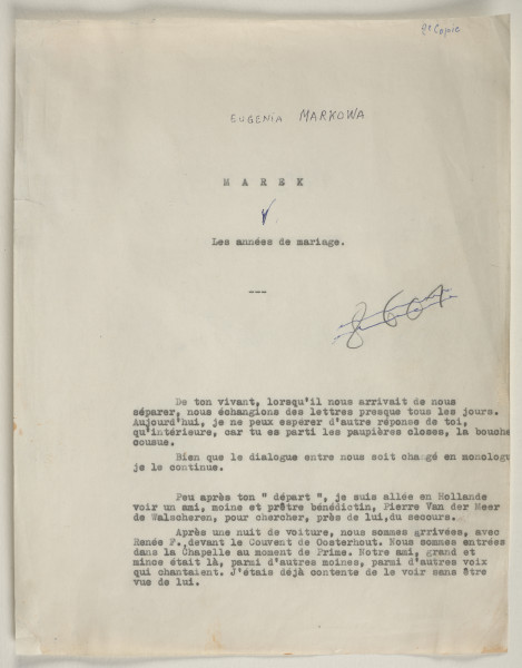 Maszynopis wspomnień Giny Szwarc zatytułowany „Pamiętniki Giny. Marek. Lata małżeństwa”. Znajduje się w kartonowej obwolucie. Tytuł został zapisany odręcznie. Tekst jest pokreślony. Strony mają uszkodzone krawędzie. Do przedniej strony obwoluty od wewnątrz doklejono kartę z odręczną notatką sporządzoną po napisaniu wspomnień. Tożsamość autora notatki nie jest znana. Gina opisuje swoje pierwsze spotkanie z Markiem, podróże odbyte w jego towarzystwie, okres ich wspólnego życia w Paryżu oraz wojenne i powojenne losy. Do pamiętnika zostały dołączone wiersze Giny poświęcone jej małżonkowi. Zbiór wspomnień został napisany w języku francuskim.