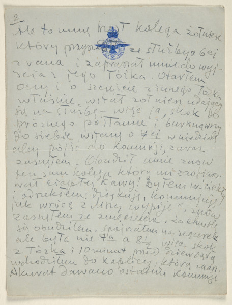 List Marka Szwarca do jego żony Giny. Szwarc napisał go podczas swojej służby wojskowej w Szkocji. Na papierze znajduje się emblemat i dewiza Królewskich Sił Powietrznych: „Per ardua ad astra”. Pisze do żony o tym, że listy od niej są dla niego bardzo ważne. Opowiada o króliku, który został zabity przez łasicę. Szwarc był świadkiem tego wydarzenia. Następnie informuje o braku wystarczającej ilości łóżek w koszarach, przez co nie może się dobrze wyspać. Z powodu przedłużającego się braku snu zaspał i spóźnił się na mszę w kaplicy położonej niedaleko obozu, ale udało mu się zdążyć na komunię. Po powrocie z modlitwy zajął się nauką.