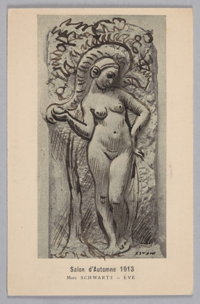 Trzy karty pocztowe z reprodukcją płaskorzeźby „Eve” autorstwa Marka Szwarca. Pod reprodukcją znajduje się podpis w języku francuskim: „Salon d’Automne 1913. Marc Schwartz – Eve”. Pierwsza pocztówka z retuszem reprodukcji. Na jej odwrocie znajduje się odręczny napis w języku francuskim. Druga przedstawia nieostrą reprodukcję płaskorzeźby. Brak napisów na odwrocie. Ostatnia karta z reprodukcją dobrej jakości. Na odwrocie odręczny napis w języku francuskim.