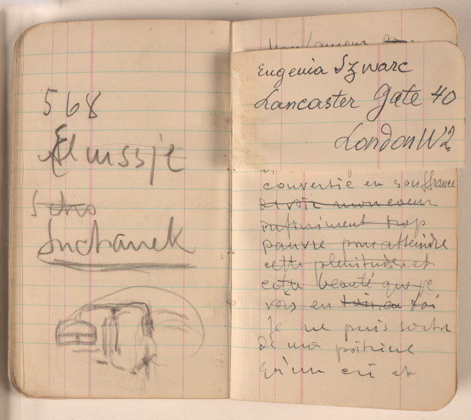 Mały notes w czarnej okładce z 1941 roku. Marek Szwarc używał go w czasie służby w Armii Polskiej w Wielkiej Brytanii. Właściciel zanotował w nim różne informacje. Na wewnętrznej stronie okładki zapisał datę urodzin, informację o przynależności służbowej, numer książeczki wojskowej, adresy żony, członków rodziny, znajomych oraz Ambasady Rzeczypospolitej Polskiej w Londynie. W środku znajdują się notatki zapisane po polsku i francusku, a także wiele rysunków. Na końcu Szwarc zawarł informację, że chce mieć pogrzeb w obrządku katolickim.