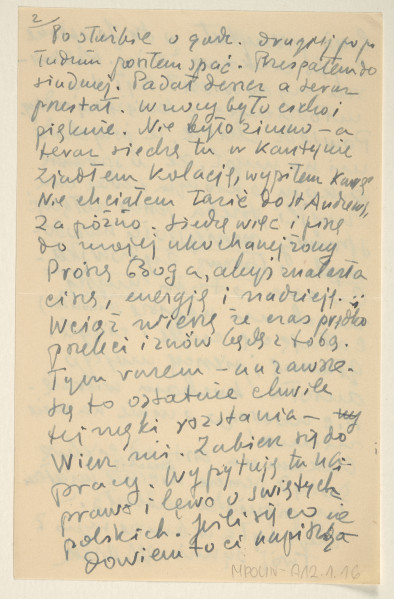 List Marka Szwarca do jego żony Giny. Szwarc napisał go podczas swojej służby wojskowej w Szkocji. Autor listu pisze o swojej tęsknocie za żoną i córką. Następnie informuje, że w miejscu stacjonowania jego oddziału pojawiło się narastające  zainteresowanie Polską oraz Polakami. Poproszono go o wytypowanie kogoś, kto mógłby opowiedzieć Szkotom o Polsce. Szwarc wybrał osobę, którą uważa za odpowiednią do wygłoszenia odczytu na ten temat. Zawiadamia żonę, że wysłał list do ich córki Tereski. Pyta małżonkę, czy czytała o świętym Josephacie i o świętym Kazimierzu. Zwraca się do znajomej Chiny z prośbą o to, by nie ograniczała się do rozmyślań nad kwestią pokoju, ale by zajęła się również refleksją nad sprawą mniejszości narodowych, w tym żydowską. Prosi ją o wiadomość w tej sprawie. Na końcu listu pyta żonę, czy otrzymała zaginione pieniądze i wyjaśniła tę sprawę.