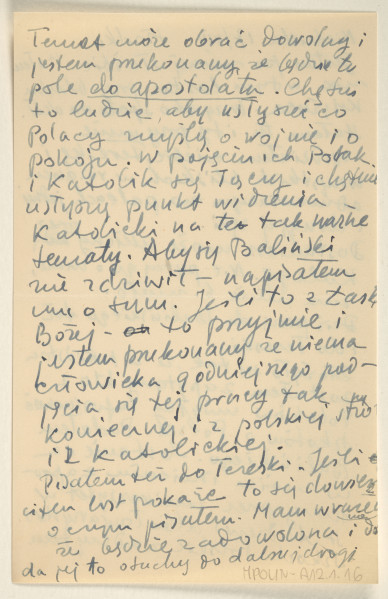 List Marka Szwarca do jego żony Giny. Szwarc napisał go podczas swojej służby wojskowej w Szkocji. Autor listu pisze o swojej tęsknocie za żoną i córką. Następnie informuje, że w miejscu stacjonowania jego oddziału pojawiło się narastające  zainteresowanie Polską oraz Polakami. Poproszono go o wytypowanie kogoś, kto mógłby opowiedzieć Szkotom o Polsce. Szwarc wybrał osobę, którą uważa za odpowiednią do wygłoszenia odczytu na ten temat. Zawiadamia żonę, że wysłał list do ich córki Tereski. Pyta małżonkę, czy czytała o świętym Josephacie i o świętym Kazimierzu. Zwraca się do znajomej Chiny z prośbą o to, by nie ograniczała się do rozmyślań nad kwestią pokoju, ale by zajęła się również refleksją nad sprawą mniejszości narodowych, w tym żydowską. Prosi ją o wiadomość w tej sprawie. Na końcu listu pyta żonę, czy otrzymała zaginione pieniądze i wyjaśniła tę sprawę.