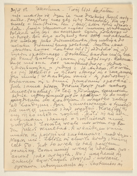 List Marka Szwarca do jego żony Giny. Szwarc napisał go podczas swojej służby wojskowej w Szkocji. Pisze do żony, żeby nie martwiła się tym, że jej artykuły prasowe nie są publikowane. Zachęca ją do pracy nad warsztatem pisarskim oraz do tego, by regularnie czytała „Wiadomości Polskie”, ponieważ pozwoli jej to na zdobywanie aktualnej wiedzy o polskim życiu w Wielkiej Brytanii. Starania o możliwość zamieszkania Marka w Londynie zależą od inicjatywy strony nadrzędnej. Jeżeli nie zapadnie decyzja, która pozwoli mu na przeprowadzkę, to będzie musiał pozostać w Szkocji. Prosi żonę, żeby postarała się o pozytywne rozwiązanie tej sprawy. Szwarc niedługo skończy pięćdziesiąt lat. Martwi się, czy po zakończeniu służby wojskowej uda mu się ponownie podjąć działalność artystyczną i utrzymać się z jej wykonywania. Opowiada żonie o willi zmarłego malarza, którą miał okazję zwiedzić.