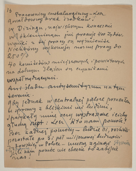 Rękopis reportażu podsumowującego trzytygodniową podróż do Polski, którą Marek Szwarc odbył w 1946 roku. Autor tekstu w czasie wyjazdu rozmawiał z wieloma Żydami ocalonymi z Zagłady oraz z Polakami. Szwarc był dotknięty brakiem Żydów w zniszczonej wojną Polsce. W czasie podróży wydawało mu się, że widzi twarze swoich zmarłych krewnych, znajomych i przyjaciół.