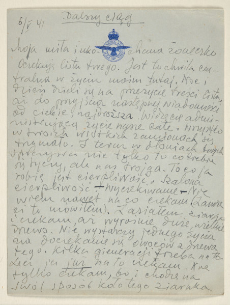 List Marka Szwarca do jego żony Giny. Szwarc napisał go podczas swojej służby wojskowej w Szkocji. Na papierze znajduje się emblemat i dewiza Królewskich Sił Powietrznych: „Per ardua ad astra”. Pisze do żony o tym, że listy od niej są dla niego bardzo ważne. Opowiada o króliku, który został zabity przez łasicę. Szwarc był świadkiem tego wydarzenia. Następnie informuje o braku wystarczającej ilości łóżek w koszarach, przez co nie może się dobrze wyspać. Z powodu przedłużającego się braku snu zaspał i spóźnił się na mszę w kaplicy położonej niedaleko obozu, ale udało mu się zdążyć na komunię. Po powrocie z modlitwy zajął się nauką.