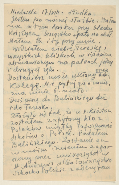 List Marka Szwarca do jego żony Giny. Szwarc napisał go podczas swojej służby wojskowej w Szkocji. Autor listu pisze o swojej tęsknocie za żoną i córką. Następnie informuje, że w miejscu stacjonowania jego oddziału pojawiło się narastające  zainteresowanie Polską oraz Polakami. Poproszono go o wytypowanie kogoś, kto mógłby opowiedzieć Szkotom o Polsce. Szwarc wybrał osobę, którą uważa za odpowiednią do wygłoszenia odczytu na ten temat. Zawiadamia żonę, że wysłał list do ich córki Tereski. Pyta małżonkę, czy czytała o świętym Josephacie i o świętym Kazimierzu. Zwraca się do znajomej Chiny z prośbą o to, by nie ograniczała się do rozmyślań nad kwestią pokoju, ale by zajęła się również refleksją nad sprawą mniejszości narodowych, w tym żydowską. Prosi ją o wiadomość w tej sprawie. Na końcu listu pyta żonę, czy otrzymała zaginione pieniądze i wyjaśniła tę sprawę.