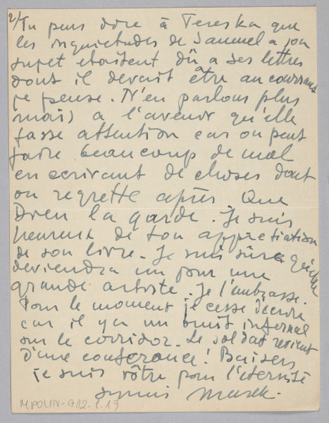 List Marka Szwarca do jego żony Giny. Szwarc napisał go podczas swojej służby wojskowej w Szkocji. Wraz z wiadomością przesyła poezje wycięte z „Wiadomości Literackich Polskich”. Szwarc informuje, że czyta książkę o Newmanie. Później opowiada o około siedmioletnim chłopcu, który odwiedził koszary i chciał spędzić noc w obozie, ale mu na to nie pozwolono. Dalsza część listu została napisana w języku francuskim. Następnie autor powraca do polskiego. Wspomina, że jego codzienność w koszarach upływa wyłącznie na zajmowaniu się samochodem. Informuje o podróży do Londynu, którą ma odbyć znajomy ich rodziny. Mężczyzna przyjedzie w najbliższym czasie i przywiezie ze sobą zeszyt z rysunkami Szwarca. Na koniec autor snuje refleksję na temat spektaklu, który widział poprzedniego dnia. Marek nie był zadowolony z widowiska i dlatego wyszedł w czasie jego trwania. Kieruje wyrazy oddania i miłości do żony oraz córki.
