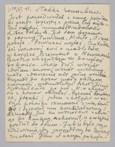 List Marka Szwarca do jego żony Giny. Szwarc napisał go podczas swojej służby wojskowej w Szkocji. Wraz z wiadomością przesyła poezje wycięte z „Wiadomości Literackich Polskich”. Szwarc informuje, że czyta książkę o Newmanie. Później opowiada o około siedmioletnim chłopcu, który odwiedził koszary i chciał spędzić noc w obozie, ale mu na to nie pozwolono. Dalsza część listu została napisana w języku francuskim. Następnie autor powraca do polskiego. Wspomina, że jego codzienność w koszarach upływa wyłącznie na zajmowaniu się samochodem. Informuje o podróży do Londynu, którą ma odbyć znajomy ich rodziny. Mężczyzna przyjedzie w najbliższym czasie i przywiezie ze sobą zeszyt z rysunkami Szwarca. Na koniec autor snuje refleksję na temat spektaklu, który widział poprzedniego dnia. Marek nie był zadowolony z widowiska i dlatego wyszedł w czasie jego trwania. Kieruje wyrazy oddania i miłości do żony oraz córki.