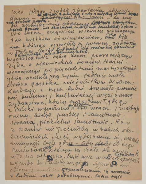 Rękopis reportażu podsumowującego trzytygodniową podróż do Polski, którą Marek Szwarc odbył w 1946 roku. Autor tekstu w czasie wyjazdu rozmawiał z wieloma Żydami ocalonymi z Zagłady oraz z Polakami. Szwarc był dotknięty brakiem Żydów w zniszczonej wojną Polsce. W czasie podróży wydawało mu się, że widzi twarze swoich zmarłych krewnych, znajomych i przyjaciół.