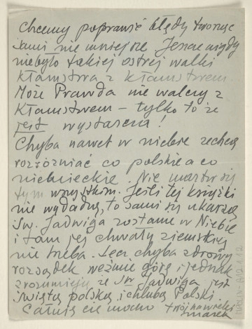 List Marka Szwarca do jego żony Giny. Szwarc napisał go podczas swojej służby wojskowej w Szkocji. Na papierze znajduje się emblemat i dewiza Królewskich Sił Powietrznych: „Per ardua ad astra”. Pisze, że nie przesyła niczego do „Wiadomości Polskich”, gdyż nie potrafi wykonywać rysunków z wojny. Odnosi się do dyskusji na temat narodowości świętej Jadwigi i stwierdza, że była polską świętą. Do listu dołączył wiadomość dla Lacussa.