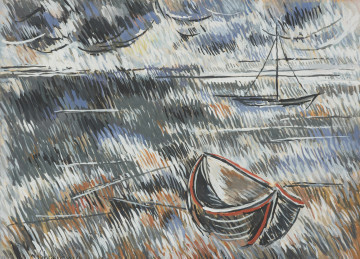 pejzaż morski - ujęcie z przodu; Kompozycja przedstawia pejzaż morski. Na pierwszym planie po prawej łódź wyciągnięta na brzeg, za nią w głębi schematycznie zaznaczona konturem żaglówka. Horyzont na wysokości 4/5 obrazu, na niebie obłoki kłębiaste. Obraz malowany rytmicznymi ukośnymi kreskami. Koloryt: morski, przełamane bielą tony niebieskie, biel, akcenty żółci.