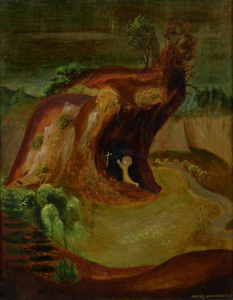 scena religijna - ujęcie z przodu; W centrum kompozycji brązowy pagórek przecięty od prawej strony, tworząc jaskinię. W ciemnym wgłębieniu jaskini mała klęcząca postać z aureolą wokół głowy i rękoma wyciągniętymi do jasnego krzyża. Poniżej zieleń łąki ujętej z góry z wstążką strumyka po prawej, ścianą przeciwległego wzniesienia, na którym rosną drzewa (las). Na przedplanie brązowy łuk wklęsłości między wzniesieniami, po lewej grupa stylizowanych drzew. Niebo zielone, farba położona laserunkowo, prześwituje srebrzystość metalu. Całość stylizowana na wzór późnogotyckiego pejzażu.