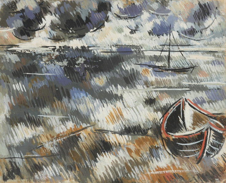 pejzaż morski - Na pierwszym planie, po prawej, wyciągnięta na brzeg łódź; bok przycięty krawędzią kompozycji. Morze wzburzone. Horyzont na 4/5 wysokości obrazu. Kłębiaste obłoki. W głębi, po prawej, zaznaczona konturami żaglówka. Koloryt: szarości, biele, chłodne zielenie, niebieskości, akcenty żółci.