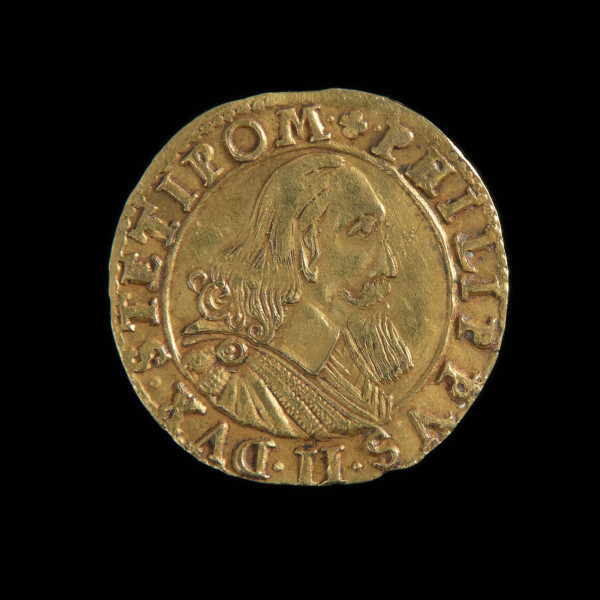 gulden okolicznościowy - Ujęcie awersu. Na awersie popiersie księcia w zbroi z wyłożonym na nią kołnierzem w prawo. W otoku liniowo-perełkowym napis.