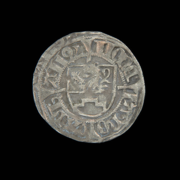 Szeląg - Ujęcie rewersu. Moneta z tarczą herbową na rewersie