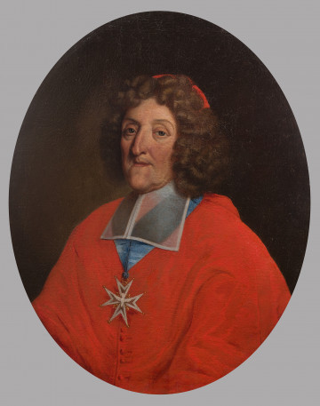 lico obrazu. Półpostać w ujęciu trzy czwarte zwrócona w prawo. Mężczyzna w szkarłatnym mucecie i piusce. Jego twarz jest pociągła. Żuchwa wysunięta. Ma wąskie usta, długi nos, obwisłe, opadające powieki. Brwi kardynała są cienkie, a pudelkowate loki sięgają ramion. Z jego szyi zwisa order.