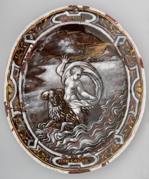 awers - Friskos płynie przez morze na baranie o złotym runie (Friksos oznacza młodość, baran o złotym runie bogactwo i głupotę)