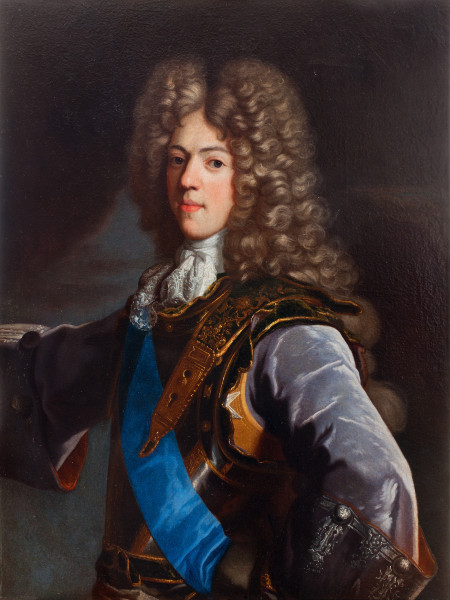 lico obrazu. Półpostać w ujęciu trzy czwarte w prawo. Królewicz z wyciągniętą prawą ręką. Jest w czarnym kirysie ze złotymi zdobieniami. Pierś ma przepasaną wstęgą, na szyi żabot. Ma pociągłą twarz, pełne usta i wysoką perukę z kaskady siwych loków. Ciemne oczy kieruje na widza. W tle pochmurne niebo.