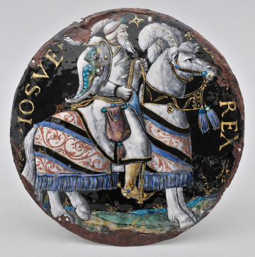 awers, brodaty mężczyzna na koniu, wokół skraju górnej krawędzi, po dwóch stronach inskrypcja Josue Rex. Uszkodzenia emalii na krawędziach.