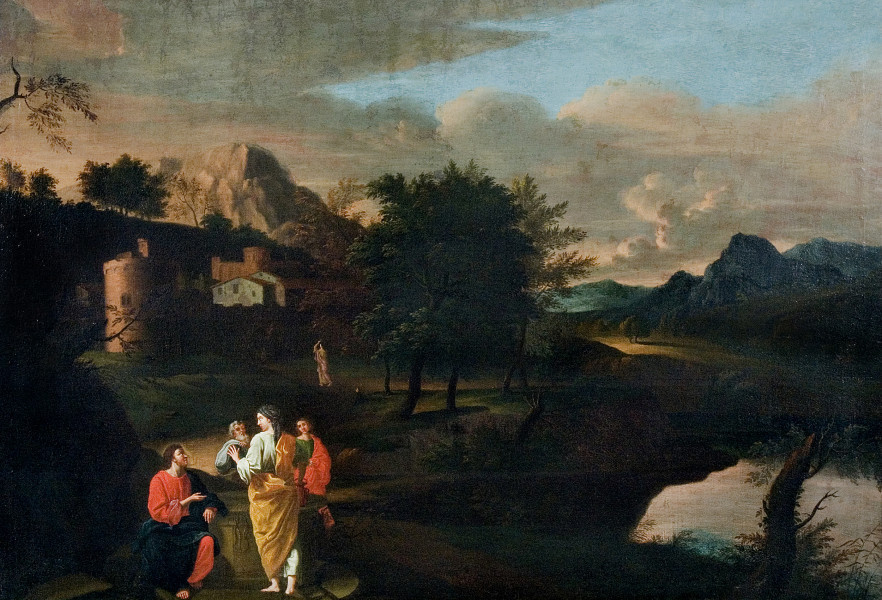 Lico obrazu. Pejzaż o tematyce biblijnej, kompozycja pozioma oparta na trzech planach. W dolnej, lewej części obrazu, na pierwszym planie scena z Chrystusem i Samarytanką przy studni. Na prawo rozlana jest lustrzana tafla spokojnej rzeki, lub jeziora. Na drugim planie zabudowania miejskie, przylegające do wzgórza. W oddali skaliste góry na tle podświetlonych promieniami zachodzącego słońca chmur.