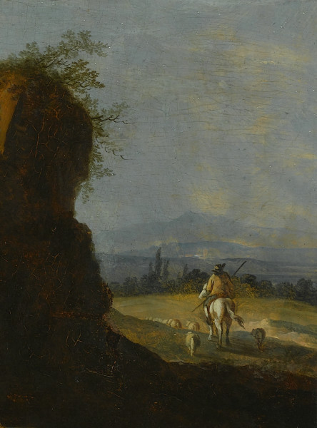 Fragment lica obrazu. Lewą część kompozycji zajmuje zacieniona, wysoka skarpa wznosząca się nad ciemnym jarem. Na prawo od skarpy konno oddala się, zwrócony do nas tyłem pasterz, jadący ku widniejącym hen, pod horyzontem zabudowaniom. Przed nim, w tym samym kierunku podąża stado owiec. Na horyzoncie błękitne zarysy gór. Hala, lub łąka po której się przemieszczają zalana jest słońcem.