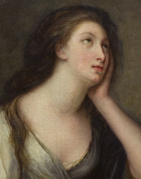 Fragment lica obrazu. Zbliżenie na twarz młodej kobiety. Kompozycja do piersi, prawym profilem, głowa podparta lewą dłonią, lekko uniesiona, wzrok zwrócony ku górze. Wyeksponowana smukła szyja i obszerny dekolt. Ciemne, rozpuszczone włosy spływają na kark i plecy. 