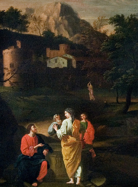 Fragment lica obrazu. Zbliżenie na grupę osób zgromadzonych przy studni. Siedzący przy studni Jezus, rozmawiająca z nim Samarytanka i dwóch mężczyzn są wyraźnie oświetleni, kontrastując z ciemnym tłem zielonych, podmiejskich błoni. Za tą grupą, u stóp wzniesienia mury miejskie i wyglądające zza nich zabudowania. Górną część kadru zajmuje oświetlona promieniami zachodzącego słońca skalista góra.