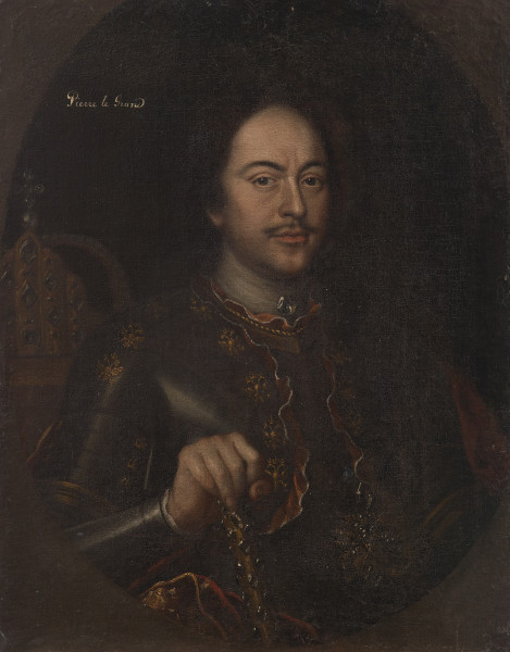 lico obrazu. Półpostać cara w zbroi. Jest zwrócony lekko w lewo. Spojrzenie kieruje na wprost. Prawą dłoń zaciska na lasce wysadzanej kamieniami. Na szyi ma brylantowy guz. Jego skóra jest jasna wobec ciemnych zbroi i tła. Ma czarne oczy, brwi, wąsik i włosy. Za prawym ramieniem korona, a wyżej napis.