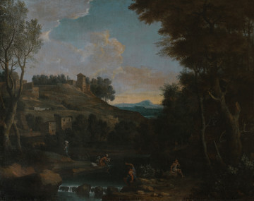 Lico obrazu. Na pierwszym planie, w dolnej części, leśny strumień ocieniony drzewami. Na prawym brzegu, przy małej kaskadzie siedzą dwaj mężczyźni. Dalej, nad lewym brzegiem, klęczą praczki. W oddali wyłania się wzgórze. Zwieńcza je fragment murów miejskich z basztą. W tle błękitne niebo.