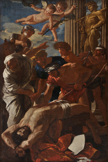 lico obrazu. Dynamiczna, wielopostaciowa scena tortur. Półnagi Erazm wygięty w łuk. Jego lędźwie i uda oparte są o ławę, a ręce związane nad głową. Wnętrzności Erazma nakręcane są na kołowrót. Spod niego na ziemię spływa czerwony ornat. Wokół cisną się gapie i oprawcy. Na tle nieba są pomnik, kolumny i para puttów.