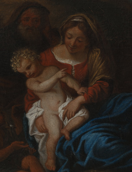 Fragment lica obrazu. Zbliżenie na nagie Dzieciątko, niesfornego Jezuska wysuwającego się z matczynych objęć. Ubrana w czerwoną suknię z narzuconym na kolana błękitnym płaszczem Matka Boska stara się utrzymać żywo gestykulujące Dziecko. Za jej prawym ramieniem, w ciemnym tle zarysowana brodata twarz Św. Józefa.