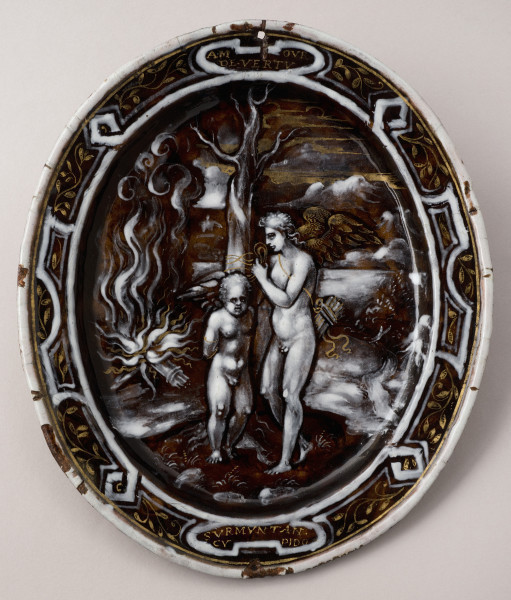 awers - scena z Erosem i Anterosem (zwycięski Anteros  przywiązuje do drzewa zwyciężonego Erosa - w myśl idei neoplatońskiej Anteros, bóg miłości odwzajemnionej, utożsamiony został z miłością boską)