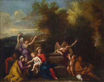 Lico obrazu. Scena z udziałem kilku postaci. Po lewej klęcząca kobieta wyciągająca ręce do dziecka trzymanego przed siedzącą kobietę po prawej. Za nimi anioł z uniesionymi rękami, trzymający bukiety kwiatów. Po prawej o wazon oparty jest anioł, wskazujący palcem lewej ręki w prawo i górę. Przy nim, po prawej stoi dziecko. Tuż obok na ziemi siedzi brodaty mężczyzna, wpatrzony w dziecko i anioła obok.