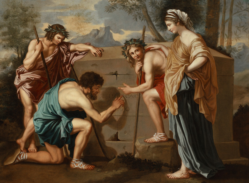 Fragment lica obrazu. Kadr wypełniają trzy postacie pasterzy pochylonych nad wyrytą na kamiennym sarkofagu inskrypcją, oraz stojąca na prawo od nich kobieta zdająca się tłumaczyć jej znaczenie. Wyryty łaciński napis brzmi: Et in Arkadia ego.